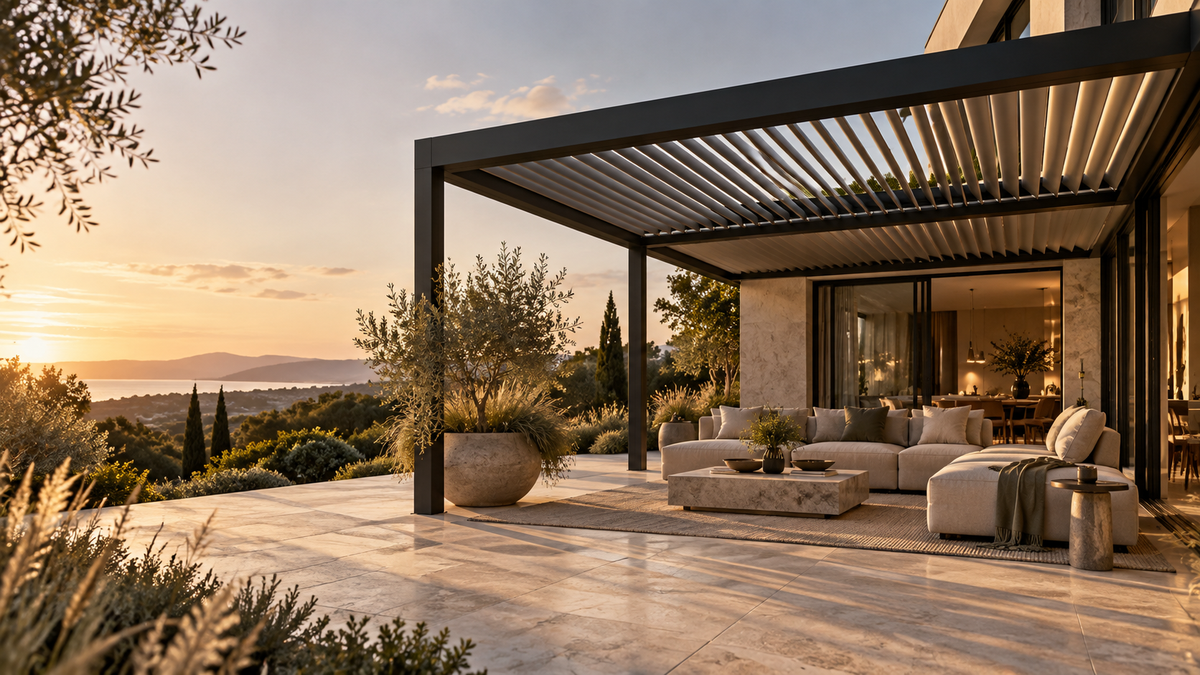 Nowoczesna pergola lamelowa nad tarasem z jasnymi meblami i kamienną posadzką o zachodzie słońca