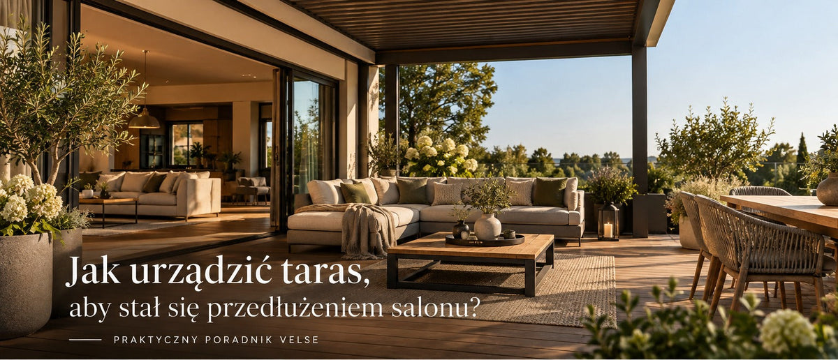 Taras w stylu VELSE — nowoczesna strefa wypoczynku płynnie połączona z salonem