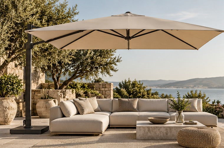 Parasol boczny VELSE Solis nad strefą lounge